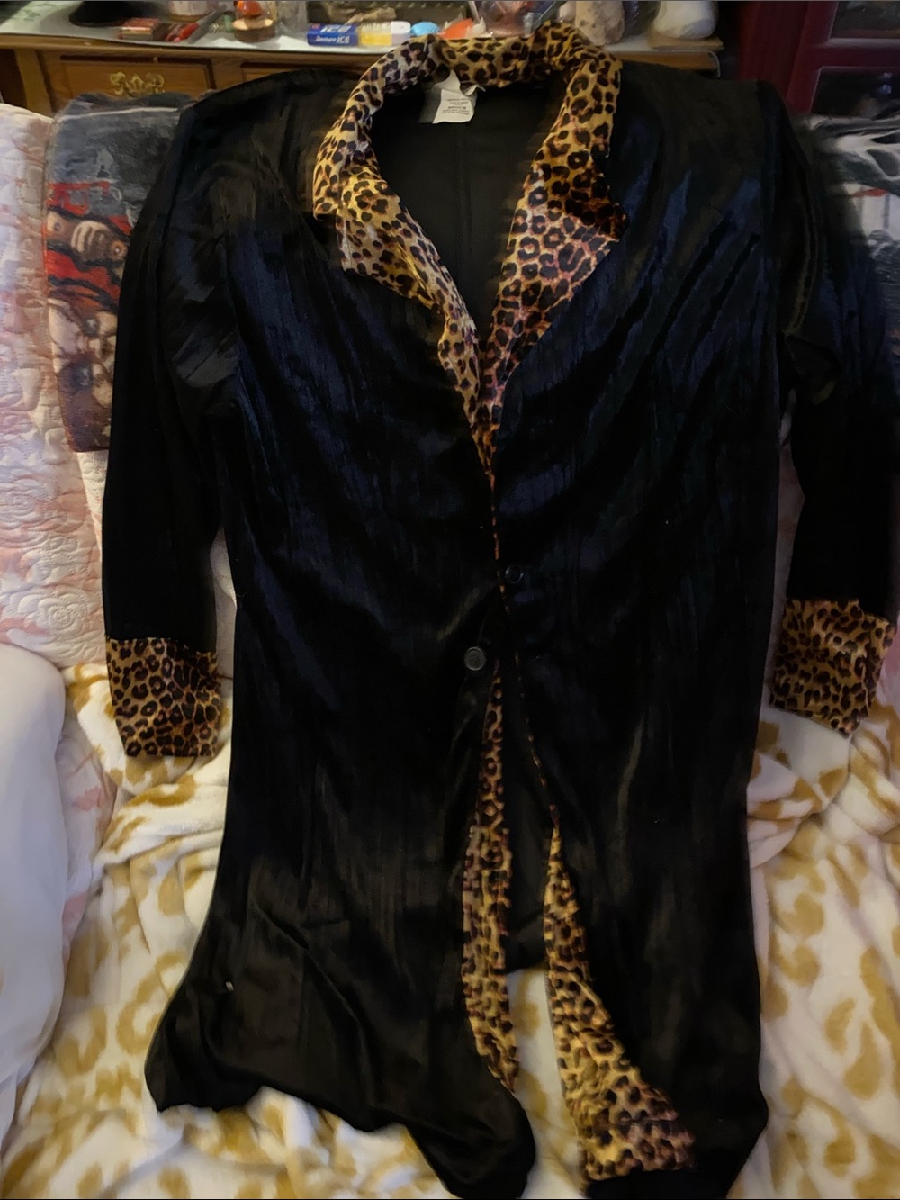 Black Satin velour Long Cardigan with Leopard Trim medium